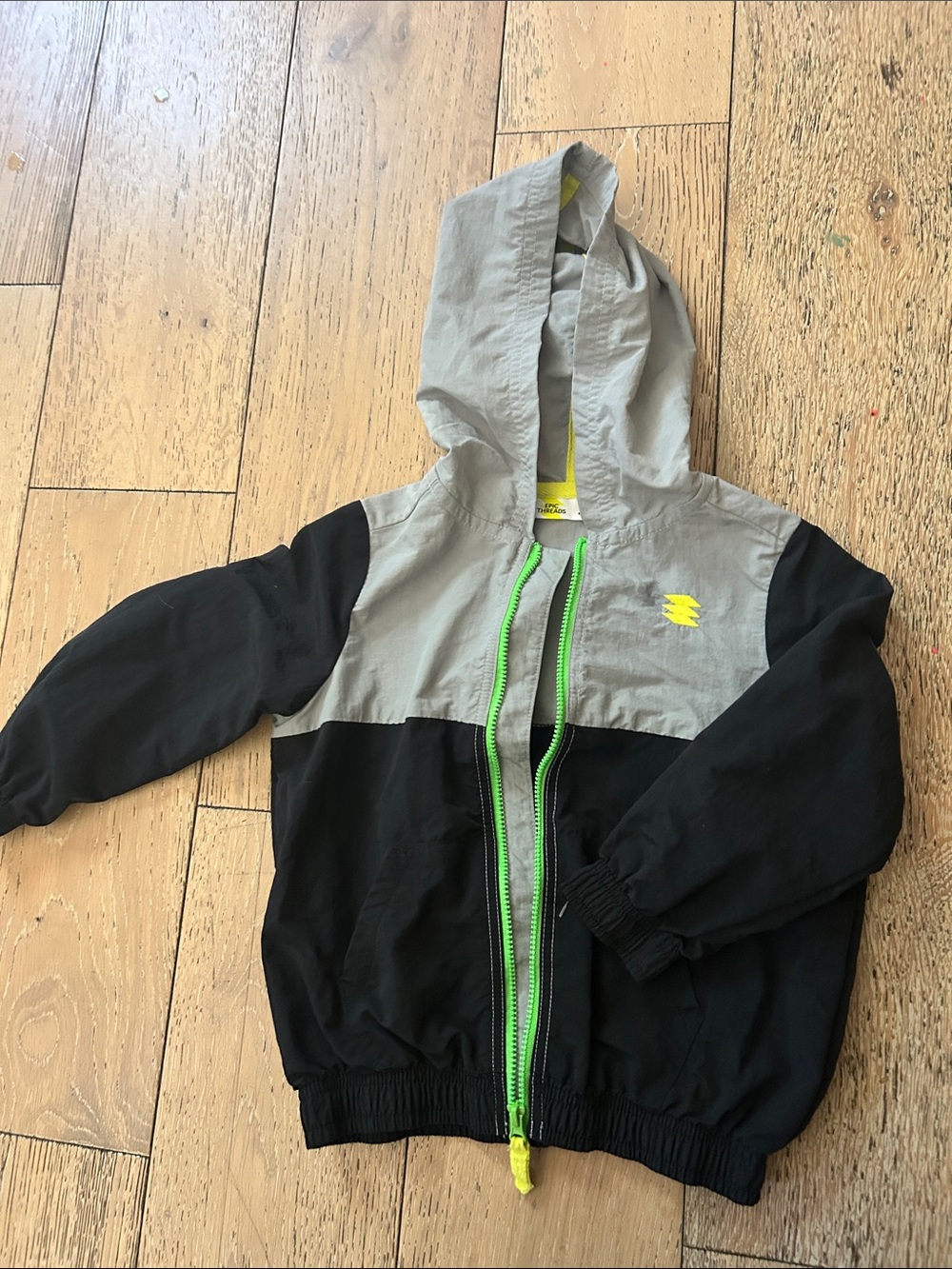 Epic Threads Kids Hooded Colorblock Rain Jacket - Black, Gray & Neon Green